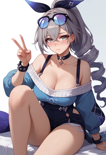 star rail,silver wolf,blushing,collar,peace sign,off-shoulder,sweater  - AI generated anime art